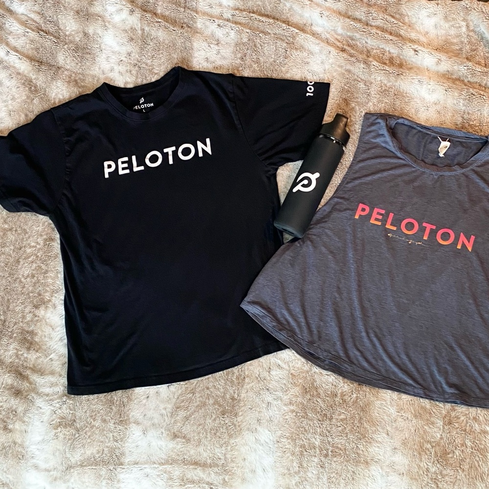 Peloton Bundle. Black & Blue/Gray Tops with Peloton Water Bottle!